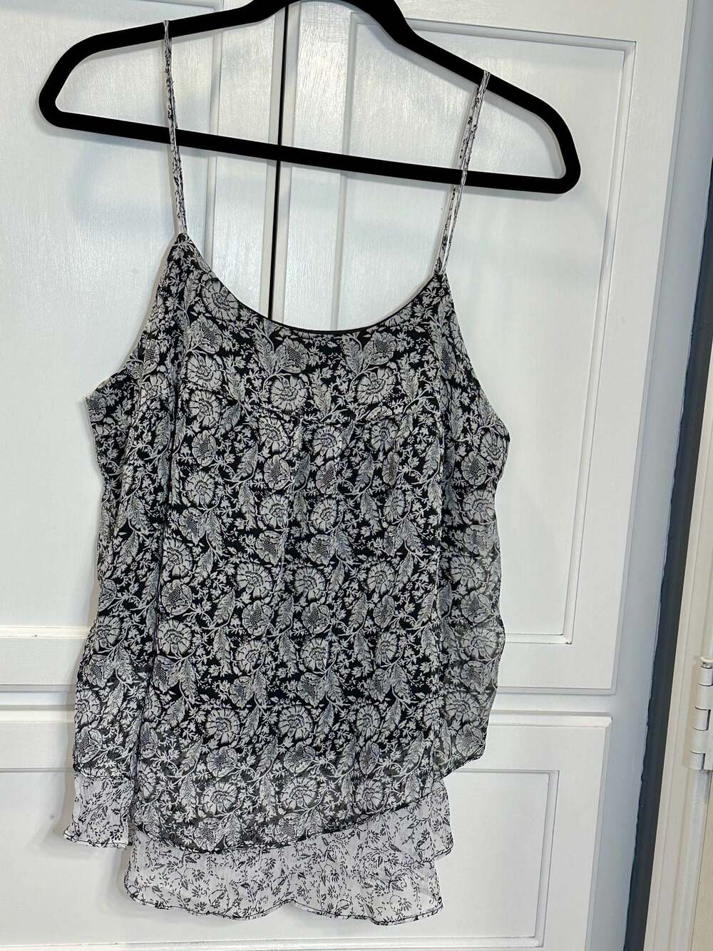 Womens Dressy Tank Top BLACK WHITE FLORAL CHIFFON CAMI Sheer Small